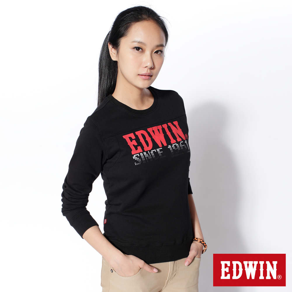 EDWIN 玩味拼字 漸層方格圓領長袖T恤-女款(黑色)