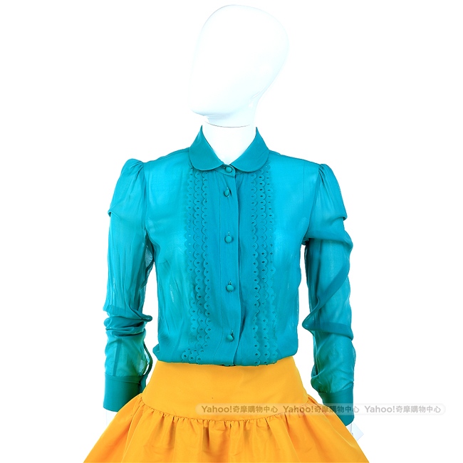 VALENTINO 雕花絲質長袖襯衫(藍綠色)