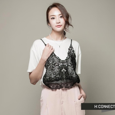 H-CONNECT-韓國品牌-女裝-簍空假兩件段袖上衣-白-快