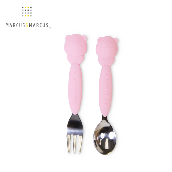 MARCUS＆MARCUS 動物樂園不鏽鋼叉匙餐具組(粉紅豬)