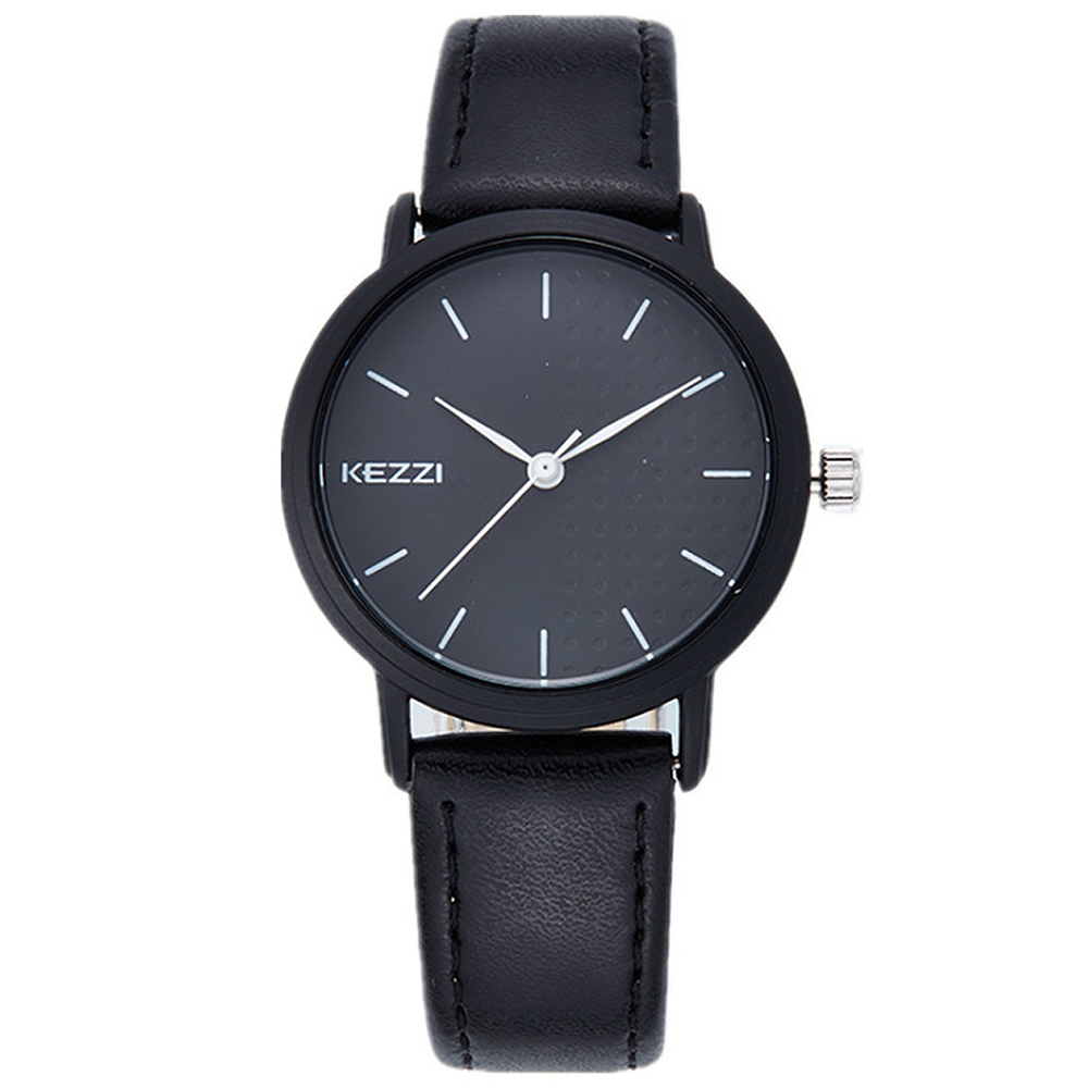 Kezzi-1391簡約學院風黑白色情侶手錶-黑色x女/36mm