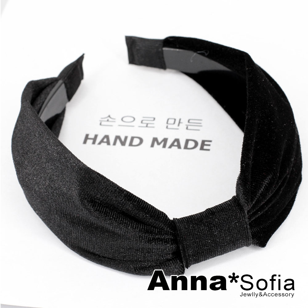 AnnaSofia 天鵝絨中央結 韓式寬髮箍(酷黑系)