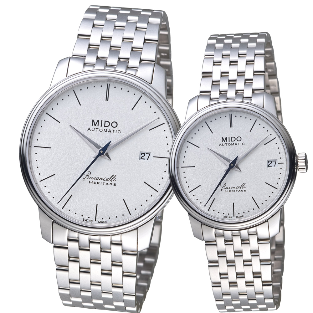 【MIDO 美度】官方授權 BARONCELLI 永恆系列III簡約時尚對錶 -白/39x33mm