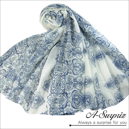 A-Surpriz 唯美古典青花瓷巴黎紗圍巾(甜米白)