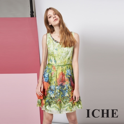 ICHE 衣哲 精緻絲質花卉印花造型禮服洋裝
