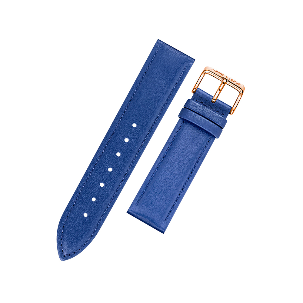 J&V -極簡糸列40mm錶款專用錶帶-玫瑰金帶扣+寶藍色牛皮帶/20mm