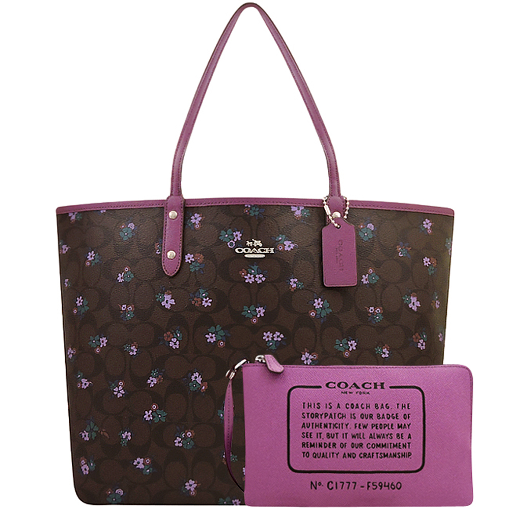 COACH 紫色花朵大C PVC雙面托特包-大型/附手拿包