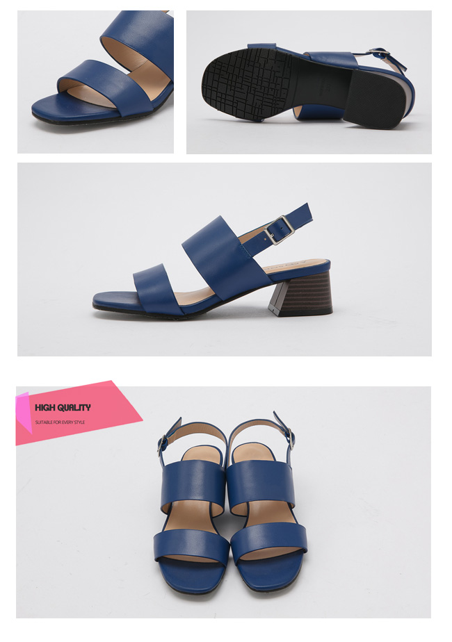 mo.oh-真皮一字帶粗跟繞腳涼鞋-寶藍色