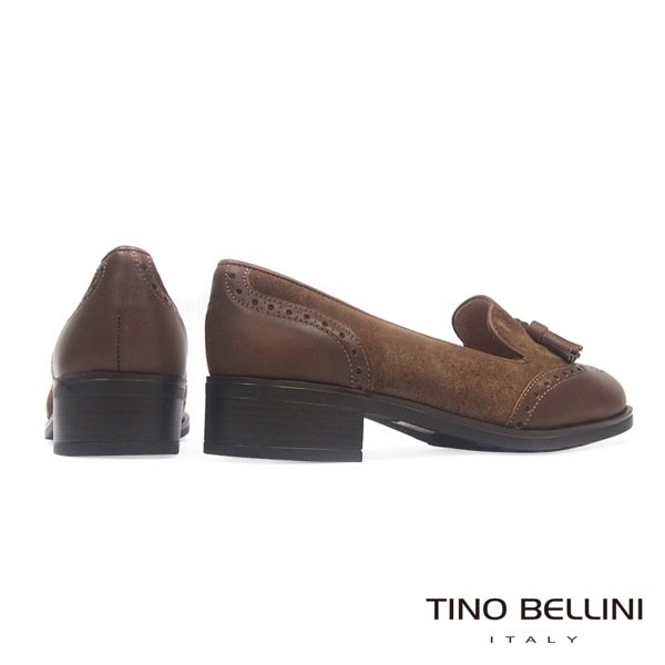 Tino Bellini 西班牙真皮雕花流蘇低跟樂福鞋_深咖