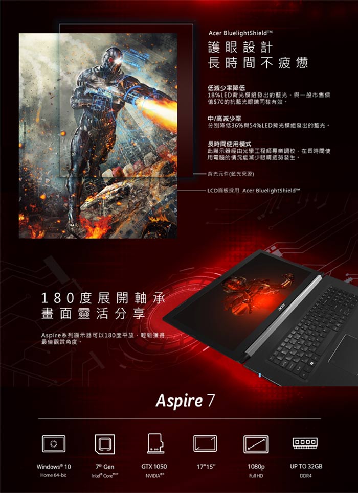 Acer A715-71G-715Z 15吋電競筆電(i7-7700HQ/1050/4G/1T