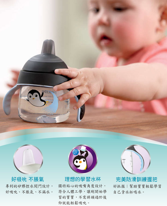 任-PHILIPS AVENT 鴨嘴吸口水杯200ml(E65A075100)-企鵝-藍