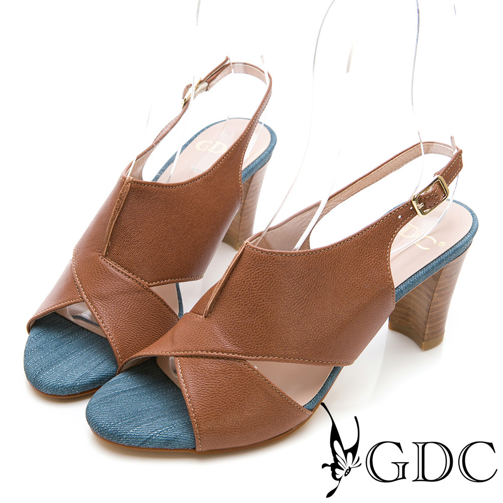 GDC-真皮交叉特殊拼接低跟涼鞋-卡其色