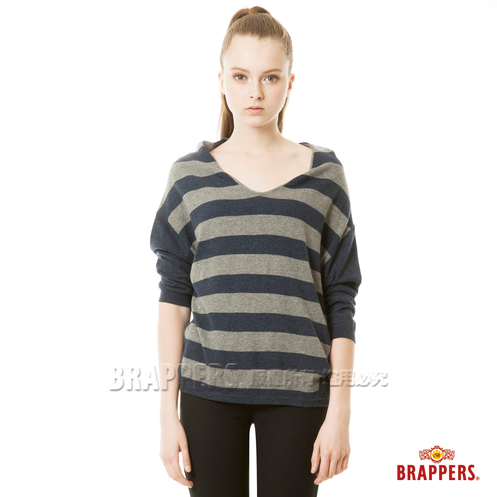 BRAPPERS 女款條紋造型七分袖線衫-藍灰色