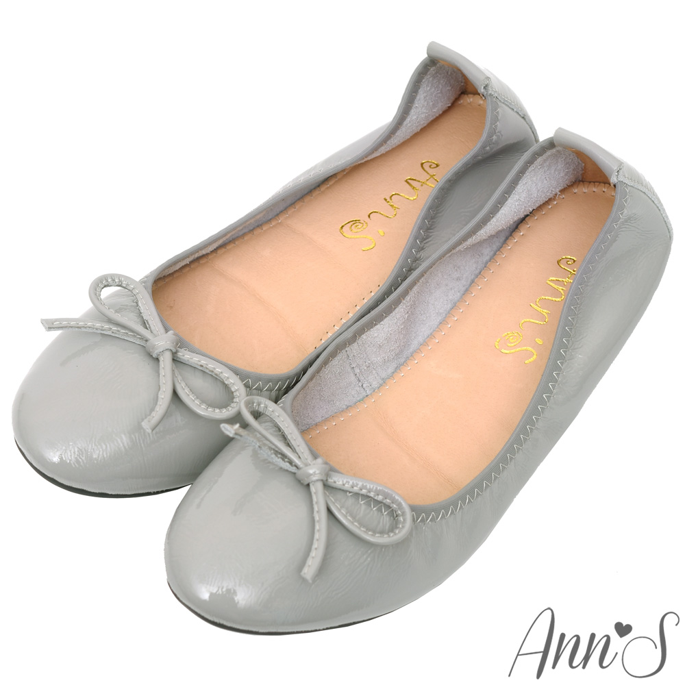 Ann’S輕膚系列-柔軟漆皮芭蕾舞真皮平底娃娃鞋-灰