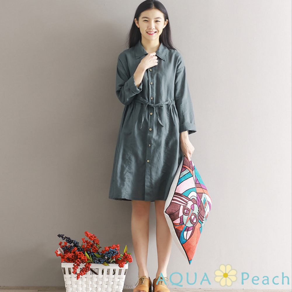 文藝風純色排釦綁帶棉麻洋裝 (共二色)-AQUA Peach