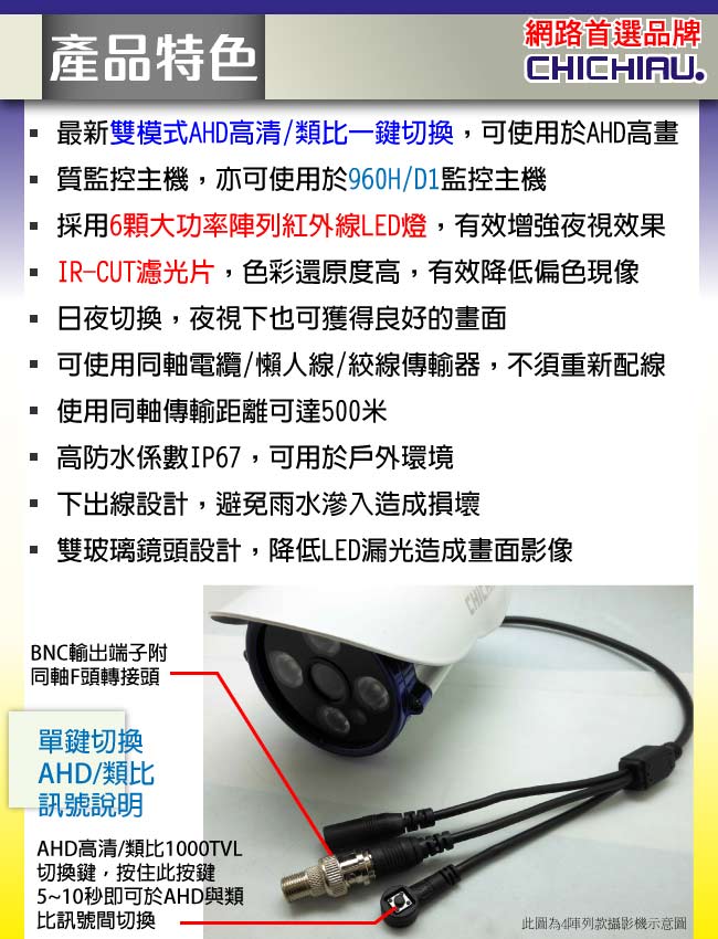 監視器攝影機 - 奇巧 AHD 720P 6陣列燈1000條雙模切換百萬畫素夜視攝影機