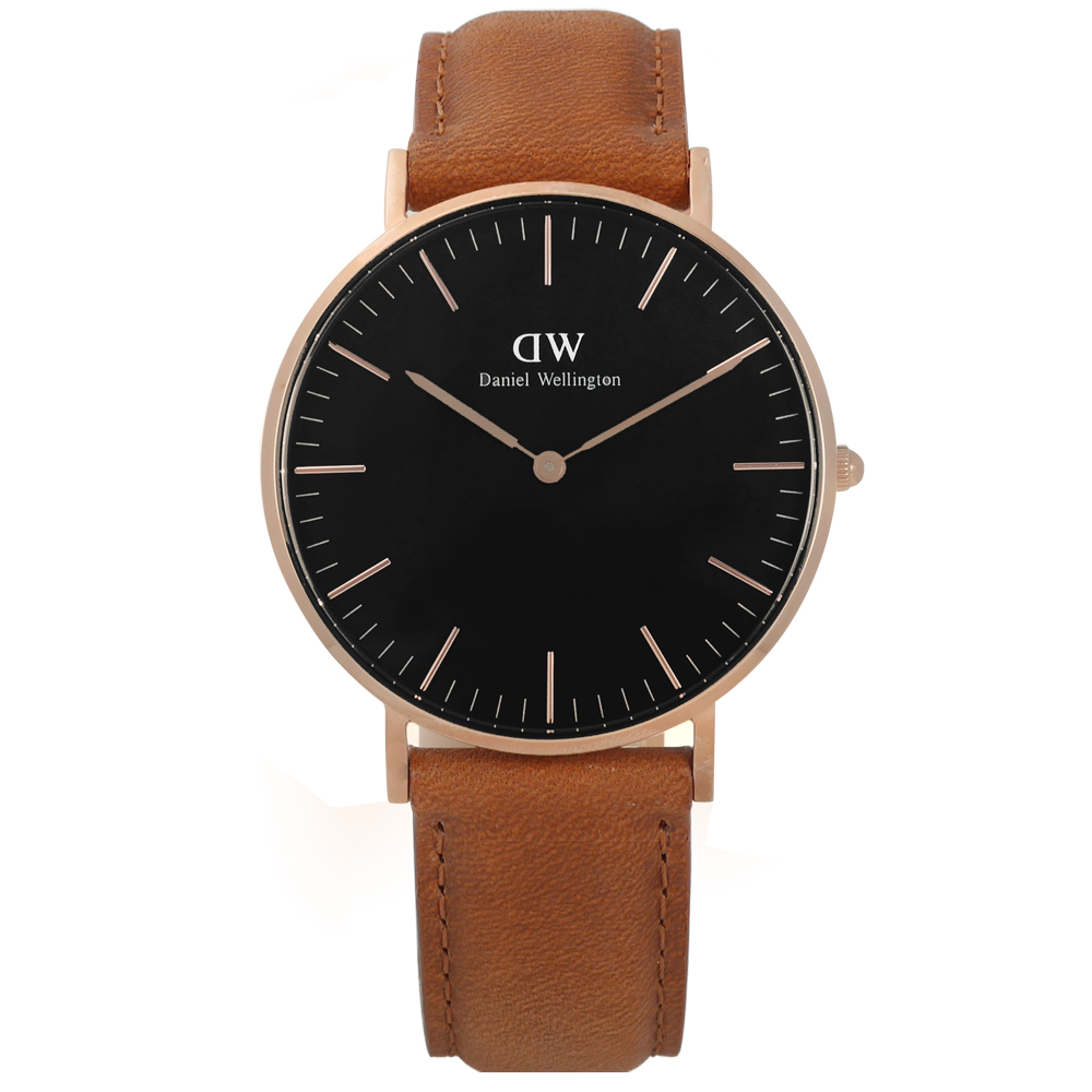 DW Daniel Wellington 真皮手錶-黑x玫瑰金框x淺咖啡/36mm