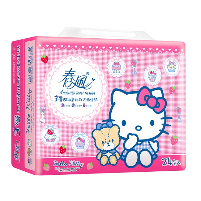 春風三層抽取式衛生紙 100抽x24包x3串/箱－Hello Kitty點心風