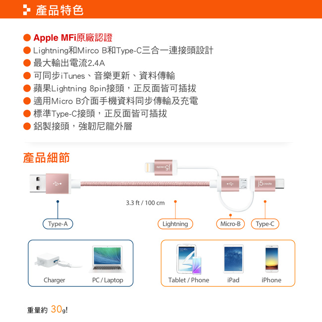 j5create 三合一充電傳輸線- JMLC10R