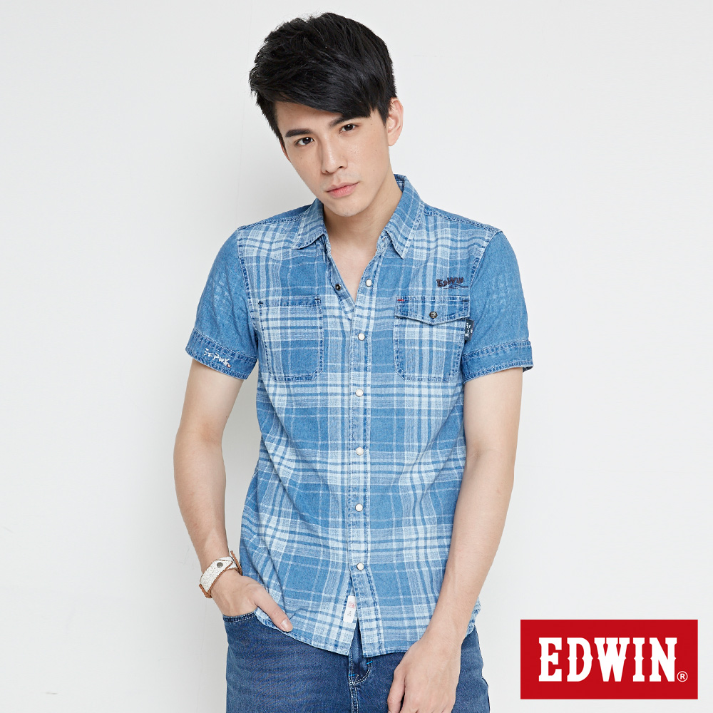 EDWIN 江戶勝 INDIGO 印格短袖襯衫-男-漂淺藍