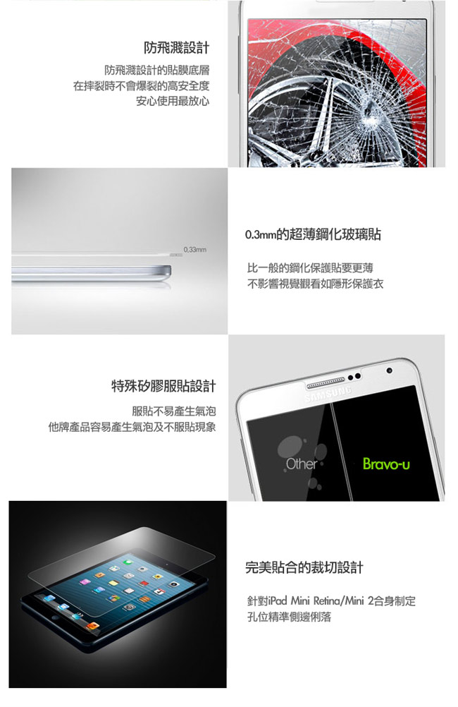 Bravo-u iPad Mini2 0.3mm 弧形鋼化(防爆)玻璃保護貼