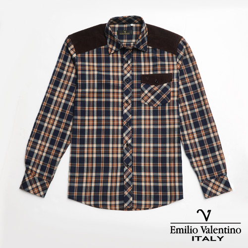Emilio Valentino 范倫提諾絨布拼接格紋襯衫-藍