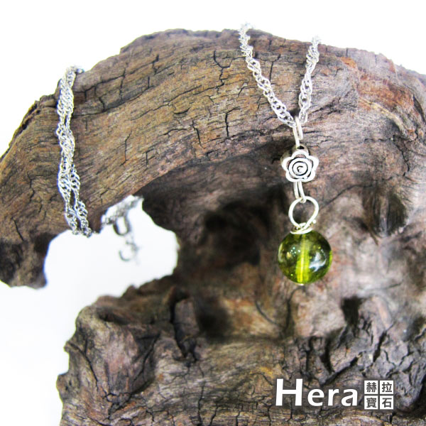 Hera 925純銀手作天然橄欖石花朵項鍊/鎖骨鍊