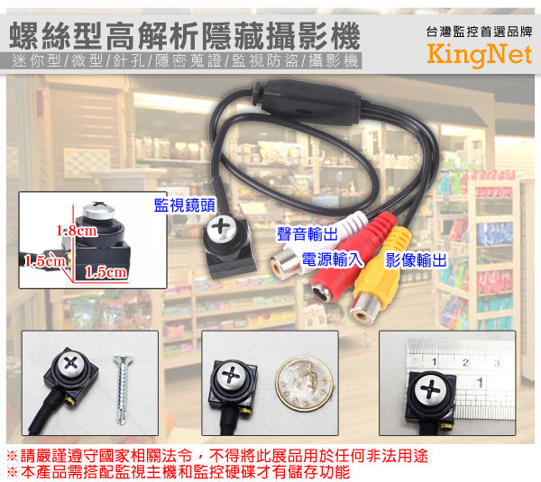 監視器攝影機 - KINGNET 偽裝螺絲型針孔 迷你針孔攝影鏡頭 600條 內建收音功能