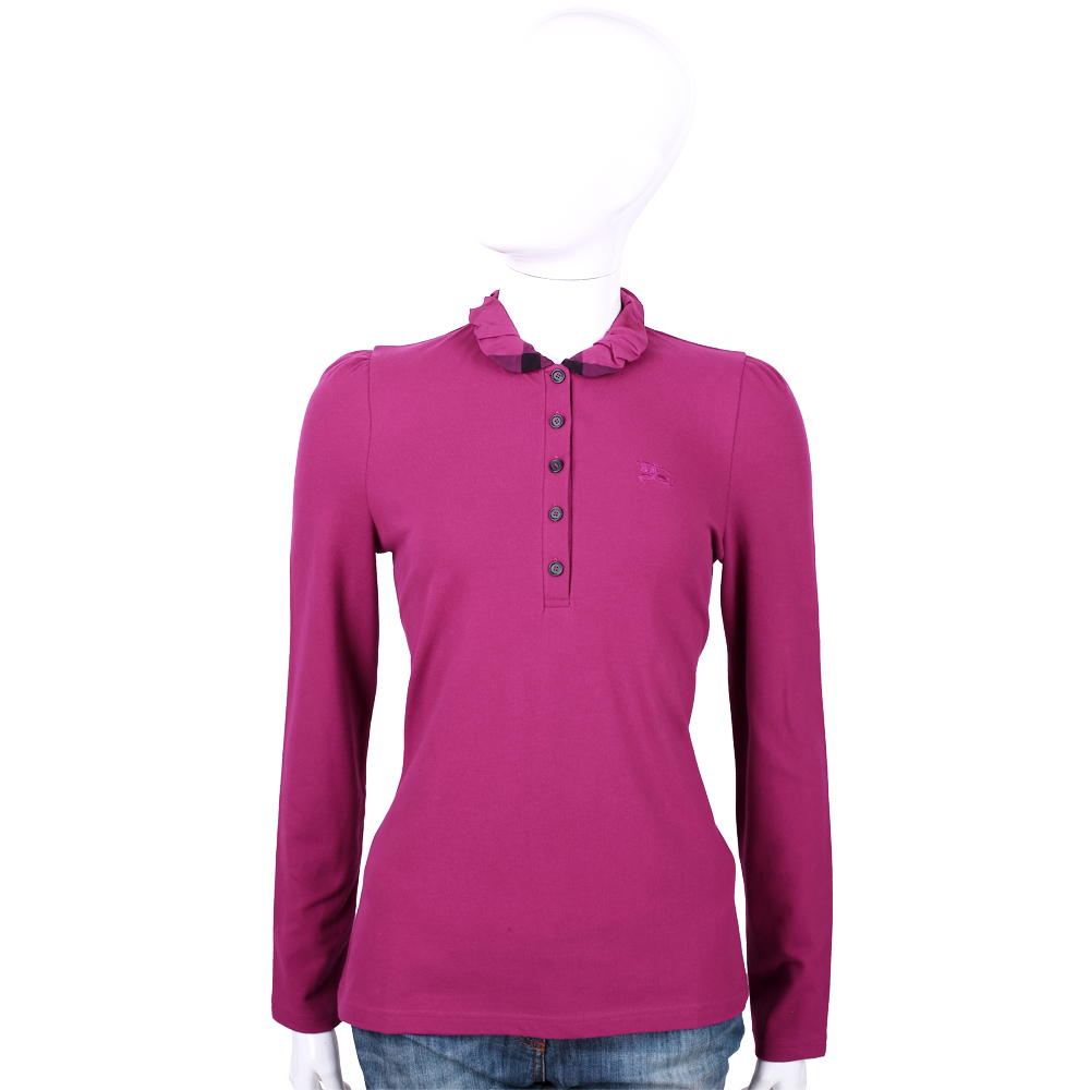 BURBERRY 桃紫色經典格紋領設計長袖POLO衫