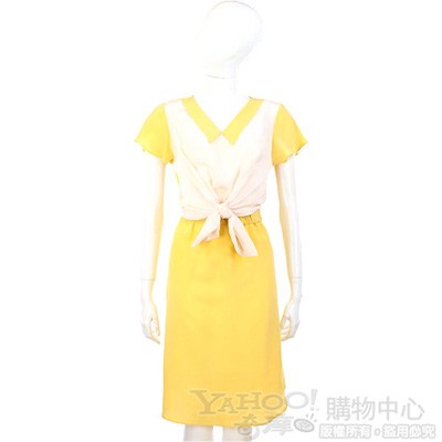 San Andres 黃白拼接綁帶短袖洋裝