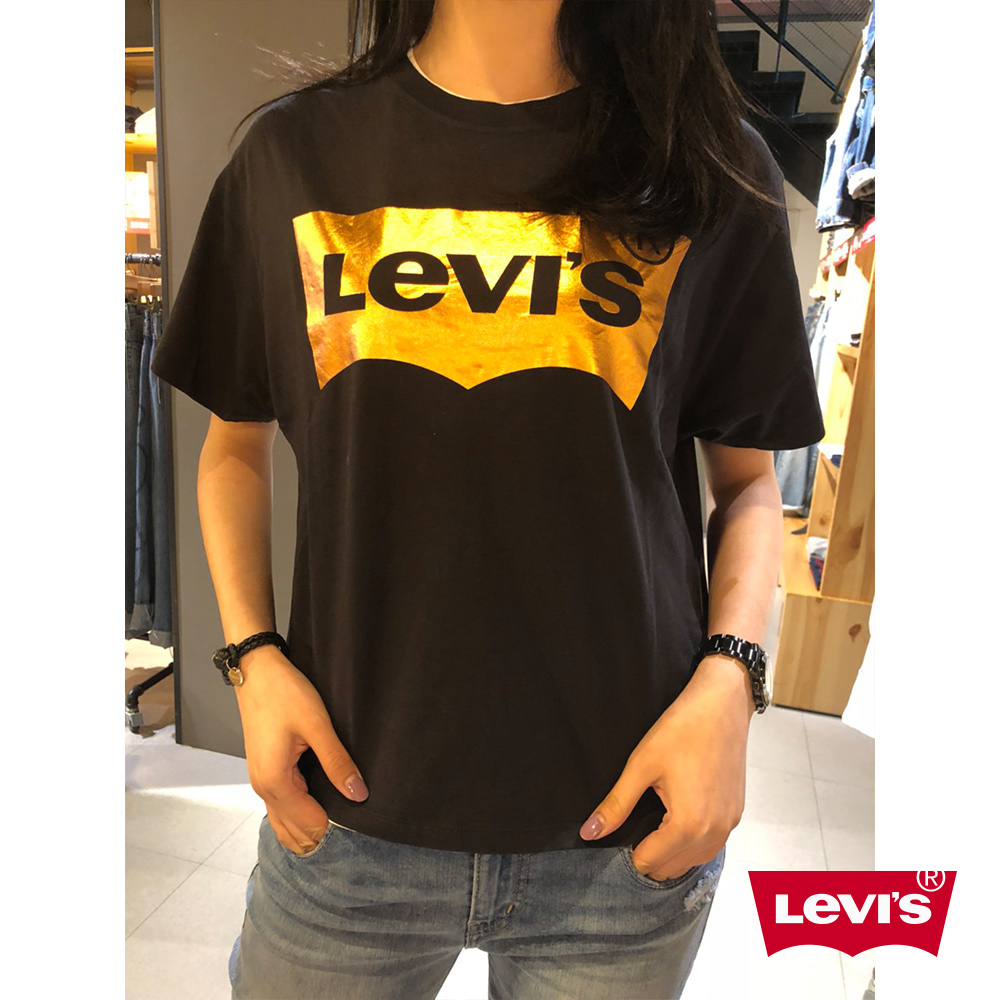 Levis 女款 短袖T恤 金色LOGO 黑色