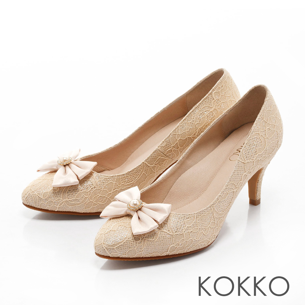 KOKKO-浪漫復古蕾絲手工蝴蝶結高跟鞋-裸膚