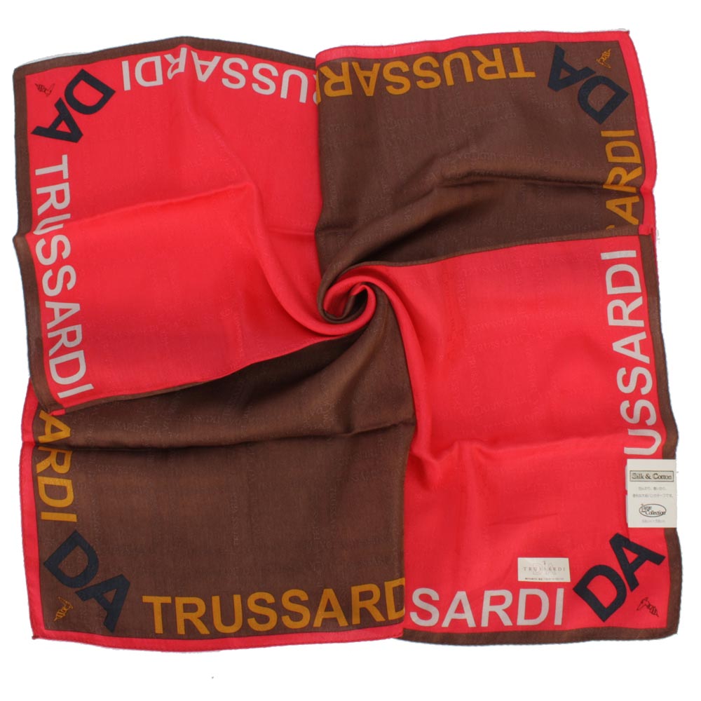 TRUSSARDI-字母飾邊雙色純棉領帕巾-紅/咖啡