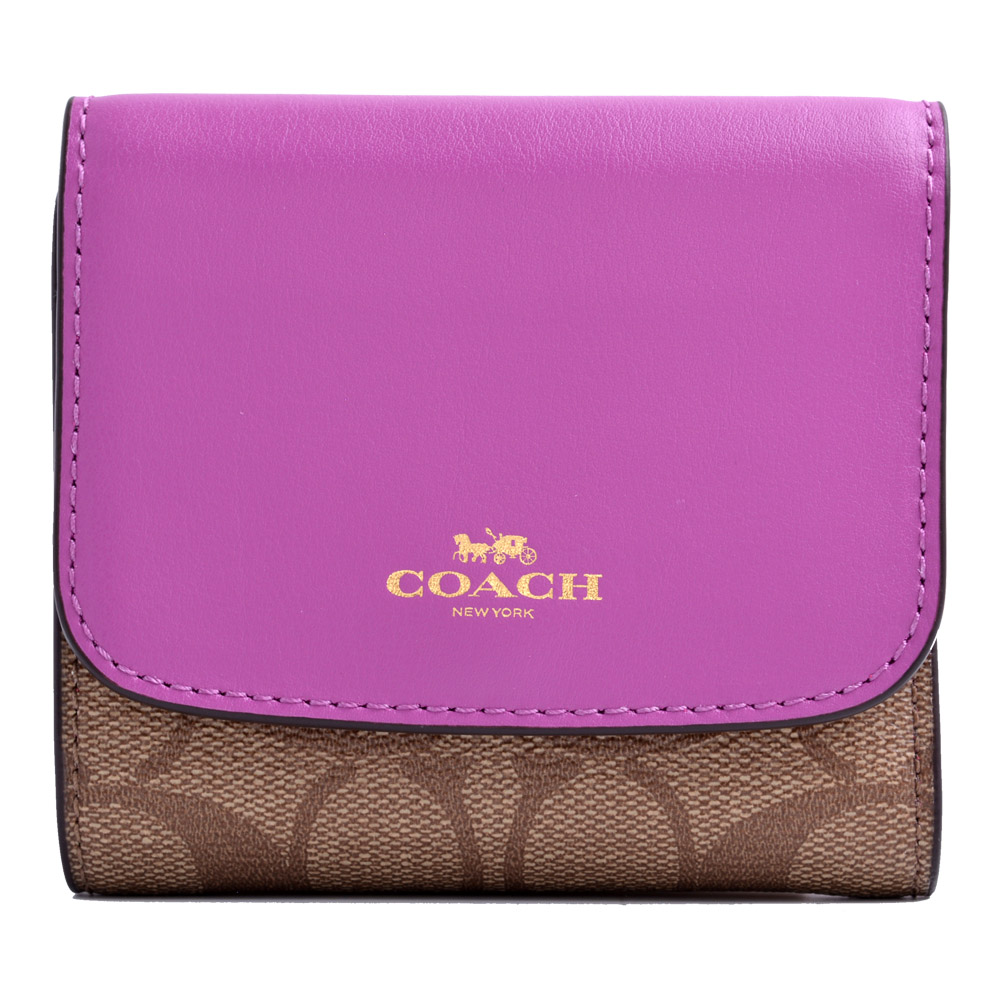 COACH 燙金LOGO防刮皮革三摺短夾(附零錢袋)-卡其/紫