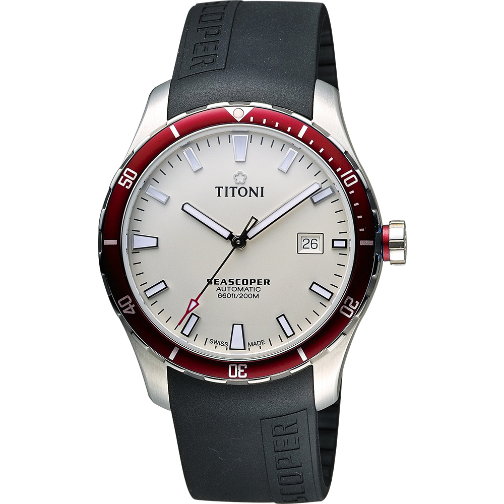 TITONI SEASCOPER海洋探索系列潛水機械錶-紅圈x黑/41mm