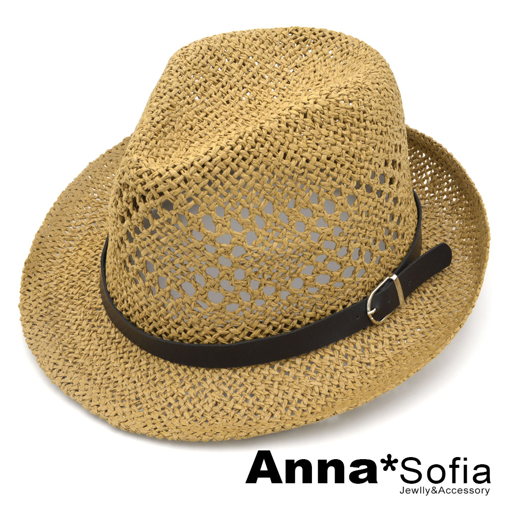 AnnaSofia 鏤編皮革釦帶 防曬遮陽紳士帽爵士帽草帽(駝系)