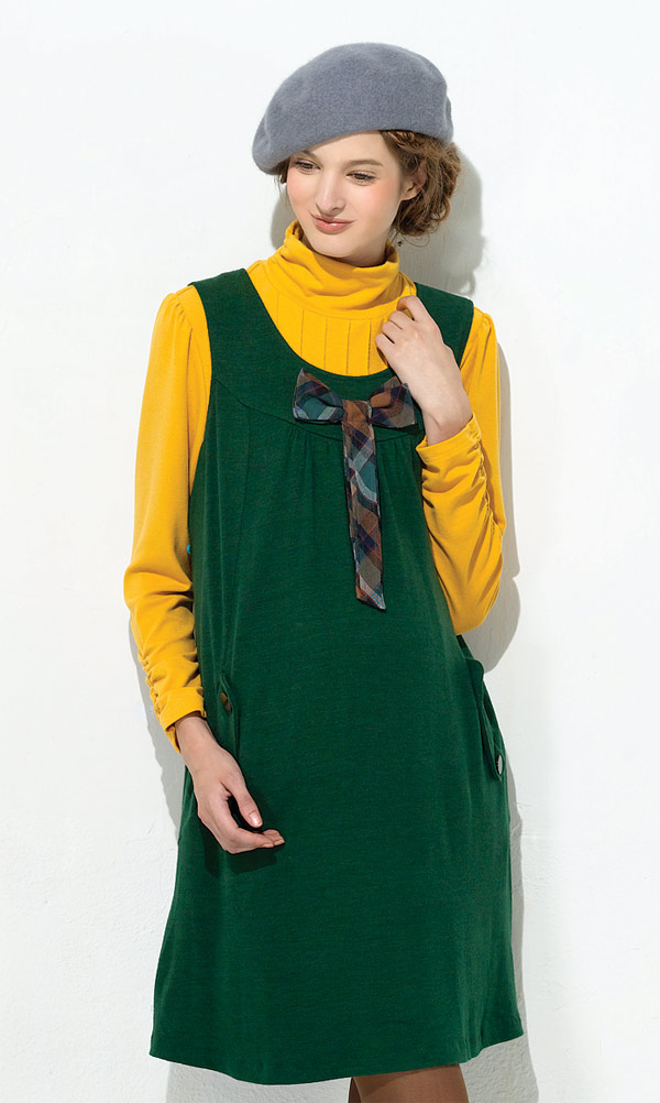 《nini專櫃孕婦裝》學院氣質蝴蝶結領造型秋冬孕婦背心洋裝-綠(F2W04)