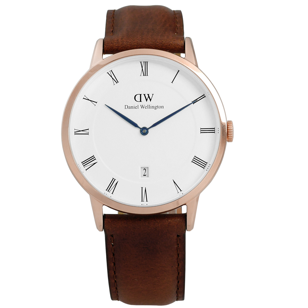 DW Daniel Wellington 英式羅馬數字真皮錶-白x玫瑰金框x咖啡/38mm