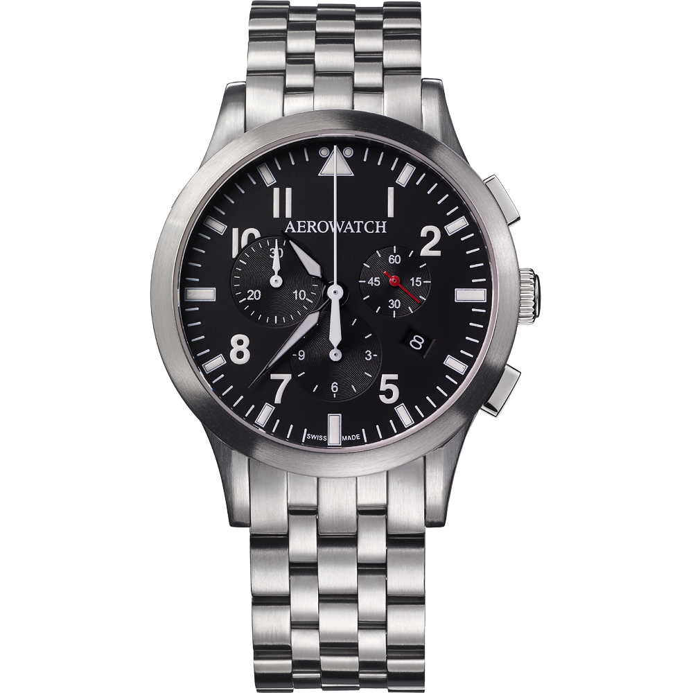 AEROWATCH 都會仕紳三眼計時腕錶-黑x銀/42mm