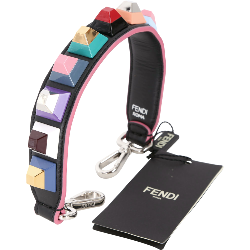 FENDI Strap You 幾何多彩鉚釘小牛皮短提帶(黑色)