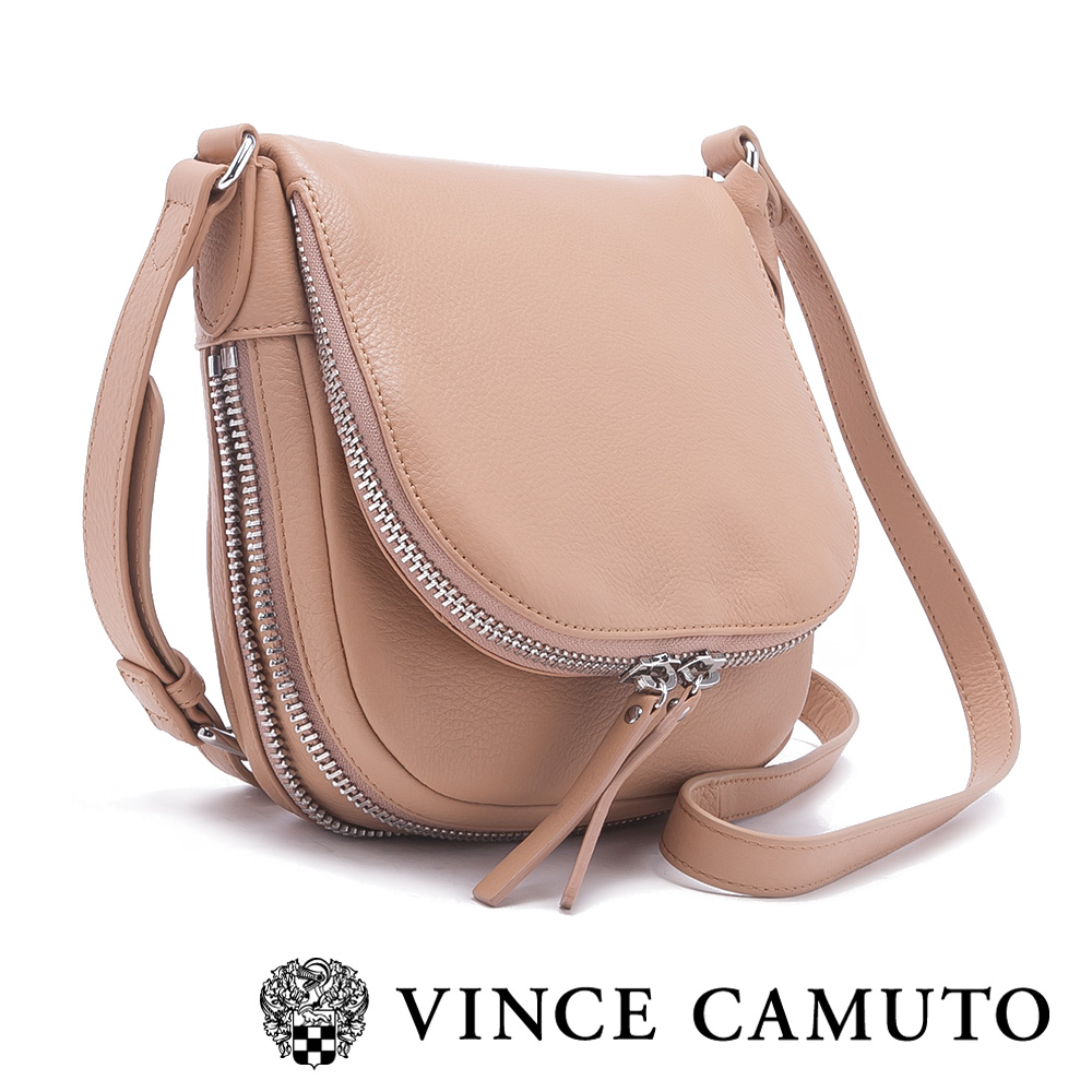 VINCE CAMUTO 個性時尚 皮革拉鍊式半圓型側背包-棕色