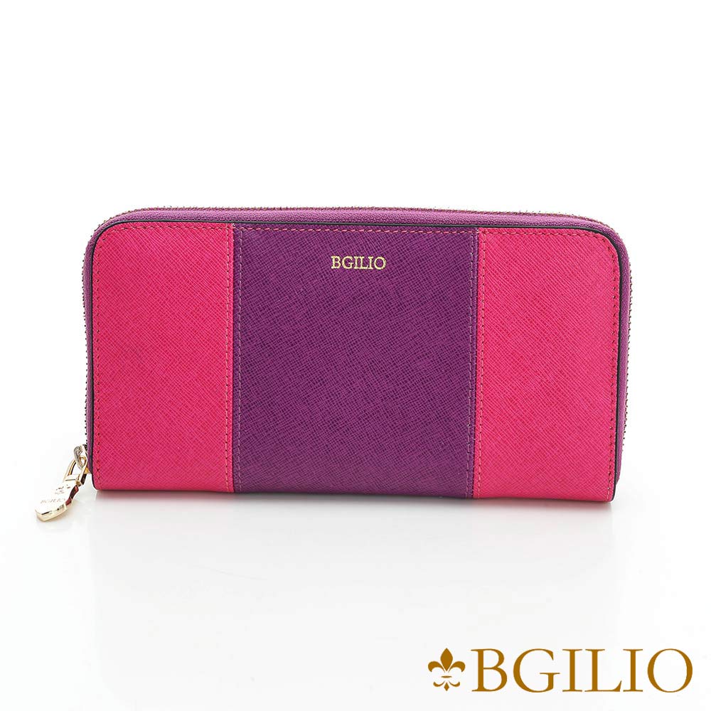 義大利BGilio-十字紋牛皮雙色拉鍊長夾-紫+桃紅色1951.323-10 product image 1