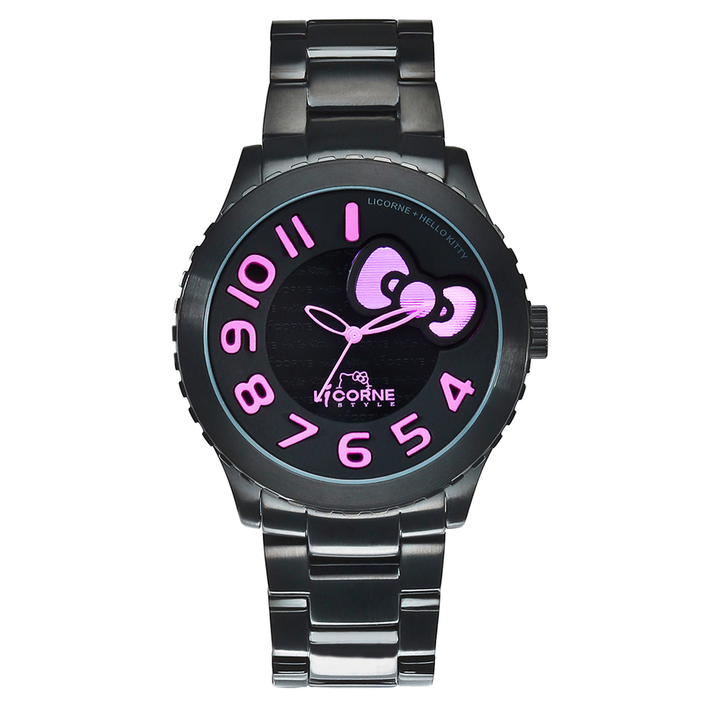 LICORNE+ HELLO KITTY 聯名系列 氣質淑女時尚腕錶-黑x粉紅/42mm