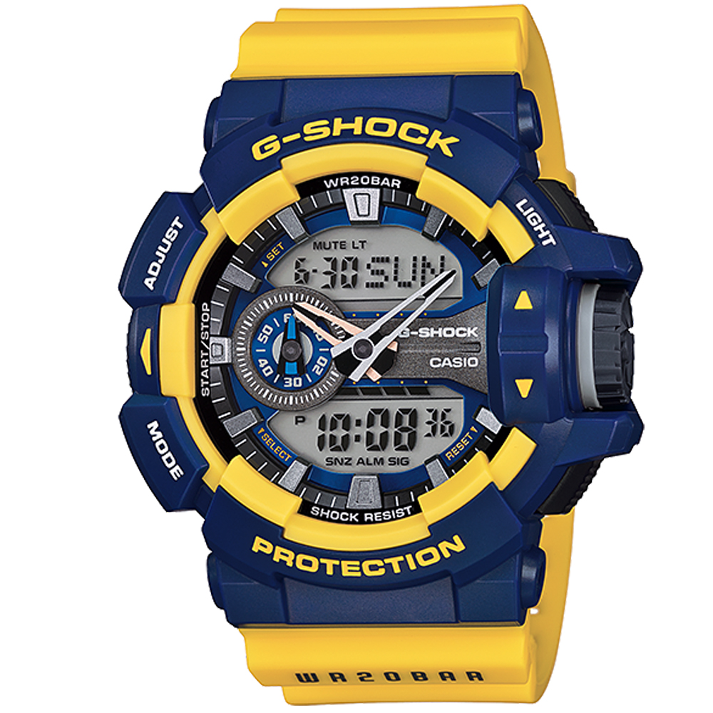 G-SHOCK亮彩新色街頭時尚新層次雙顯運動錶(GA-400-9B)-黃色X藍框/51.9mm