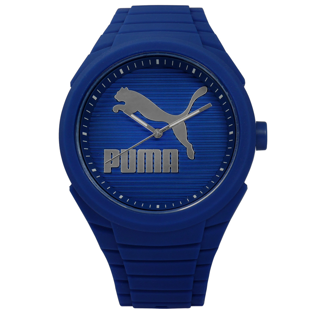 PUMA 簡約線條休閒運動矽膠手錶-藍色/45mm