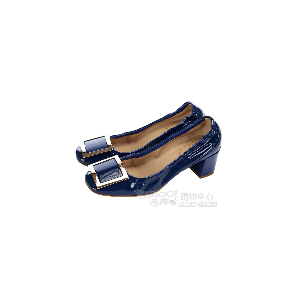 Roger Vivier 藍色金屬方框設計漆皮粗跟鞋