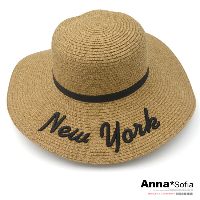 【滿額再75折】AnnaSofia NEW YORK黑綁帶 寬簷防曬遮陽草帽(深駝系)