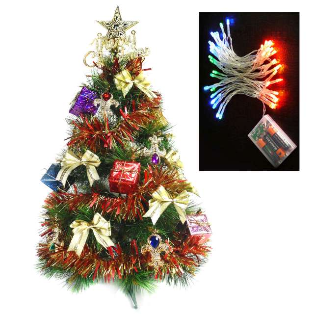 台製2尺(60cm)綠松針葉聖誕樹(紅金寶石禮物盒)+LED50燈電池彩光