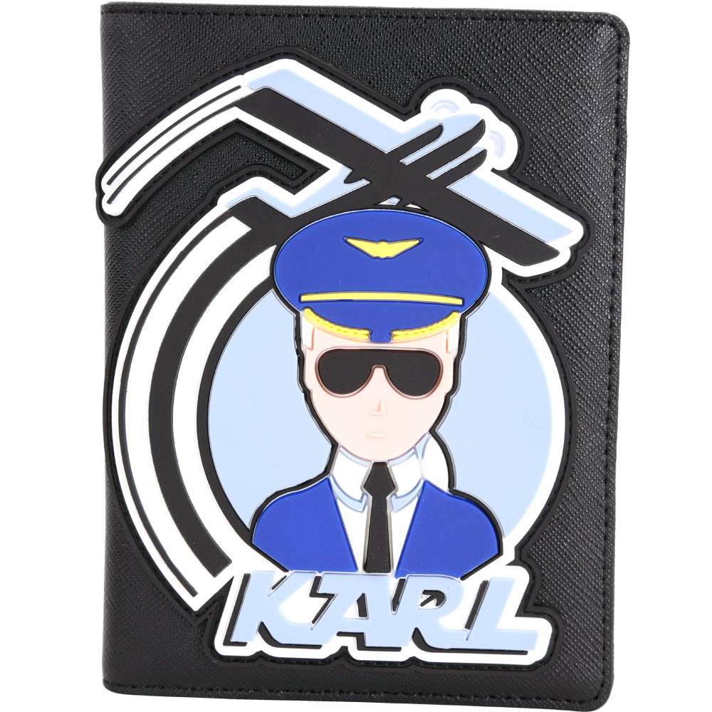 Karl Lagerfeld K/JET 飛行員圖案防刮皮革護照夾(黑色)