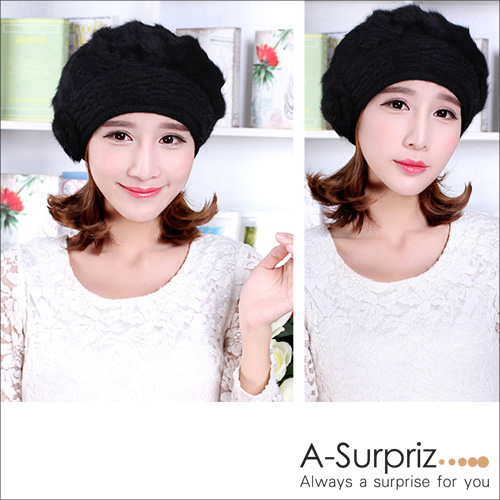 A-Surpriz 玫瑰針織兔毛貝蕾帽(黑)